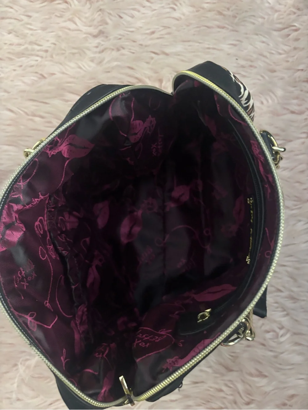 Betsey Johnson Leopard Print Satchel in Brown and Black with Gold Chain Handles